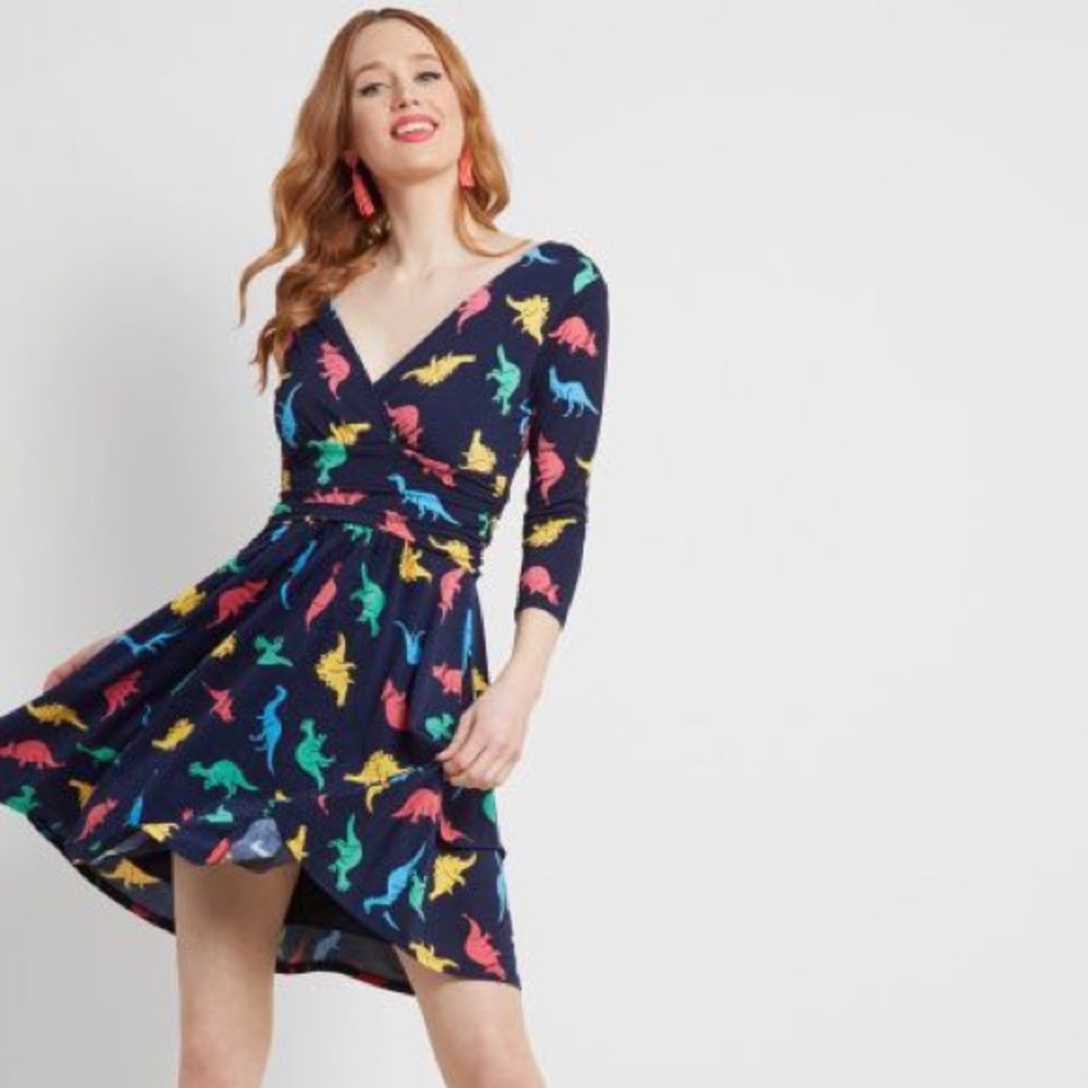 ModCloth dinosaur print navy blue dress